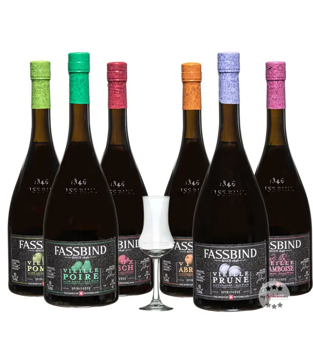 Fassbind: Sechserpack gemischte Sorten / 40 % Vol. / 6 x 0,7 Liter + mySpirits Schnapskelch