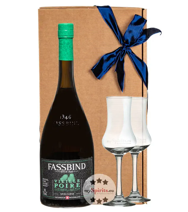Fassbind Geschenk-Set Vieille Poire Alte Birne 40 % vol. 0,7 l mit 2 mySpirits Kelchgläsern in Box