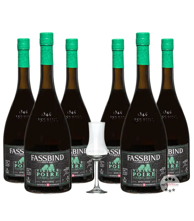 Fassbind: 6 x Alte Birne - Vieille Poire / 40% Vol. / 6 x 0,7 Liter + mySpirits Schnapskelch