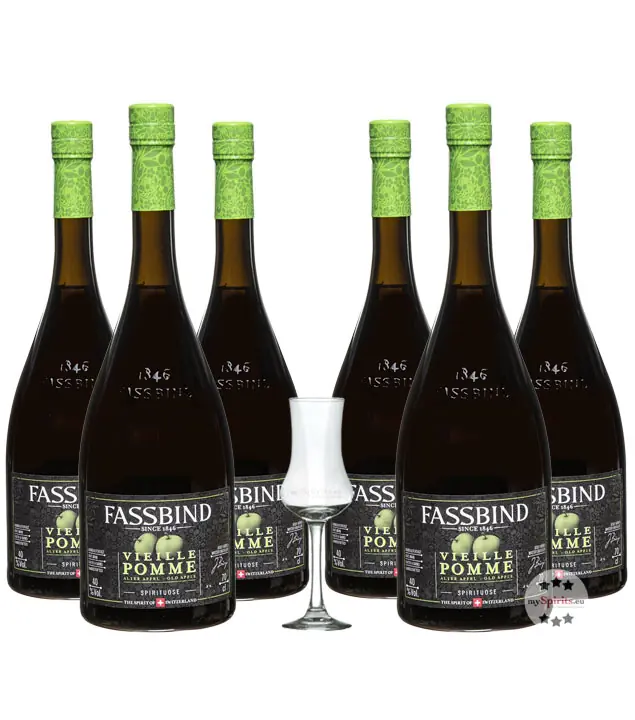 Fassbind: 6 x Alter Apfel - Vieille Pomme / 40% Vol. / 6 x 0,7 Liter + mySpirits Schnapskelch