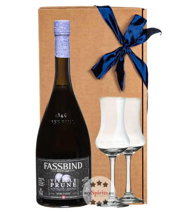 Fassbind Geschenk-Set Vieille Prune - Fassbind Alte Pflaume 40 % vol. 0,7 l mit 2 Gläsern in Dekobox