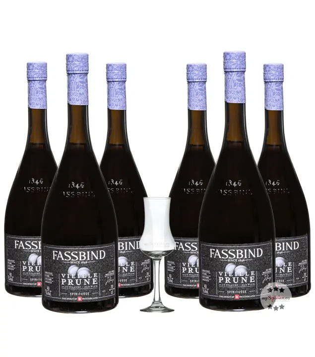 Fassbind: 6 x Alte Pflaume - Vieille Prune / 40 % Vol. / 6 x 0,7 Liter + mySpirits Schnapskelch
