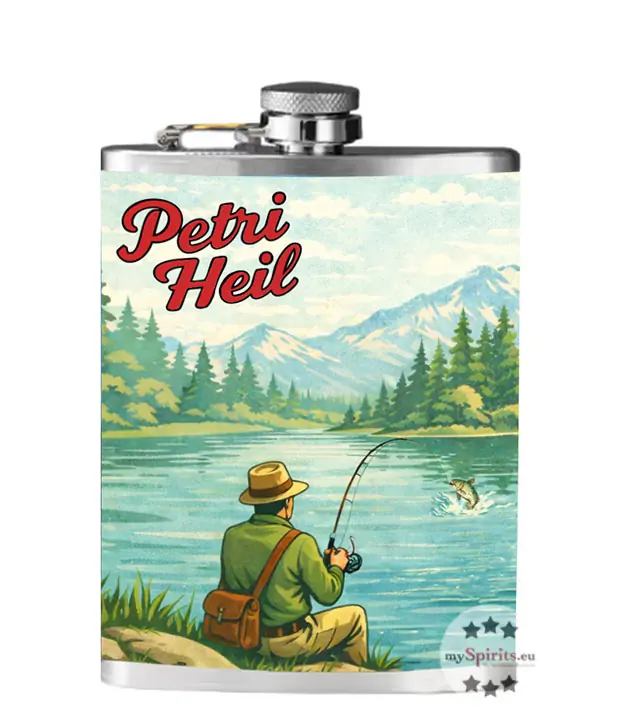 Angler Flachmann "Petri Heil" mit Prinz Alte Marille / 41 % vol / 0,2 Liter-Flasche aus Edelstahl