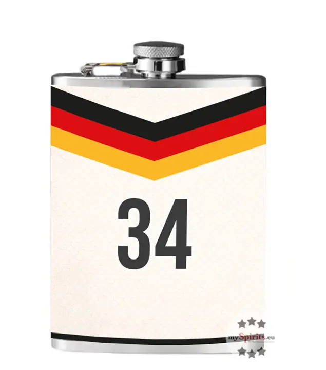 Fußball Flachmann mit Prinz Hausschnaps / 34 % vol / 0,2 Liter-Flasche aus Edelstahl