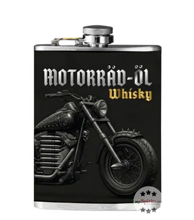 Motorräd-Öl Flachmann mit Guy Fawkes 12 Jahre Whisky / 44,4 % vol / 0,2 Liter-Flasche aus Edelstahl