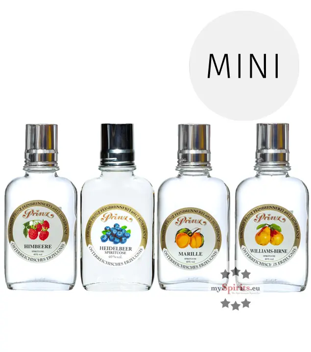 Prinz Flachmann 4er Probierset 40 %-ige: Marille, Williams-Birne, Himbeer, Heidelbeer / 40 % Vol. / 4 x 0,1 Liter-Flasche