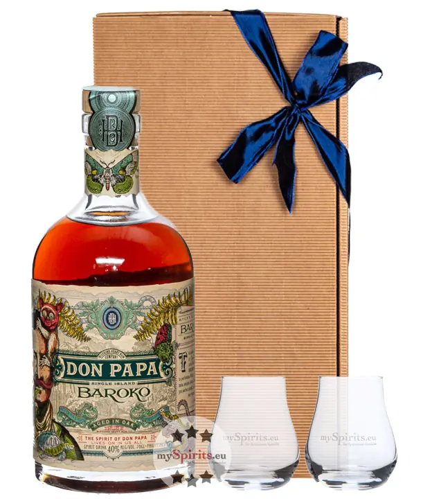 Geschenkset Don Papa Baroko / 40 % vol / 0,7 l + 2x mySpirits Nosing-Glas in Geschenkschachtel