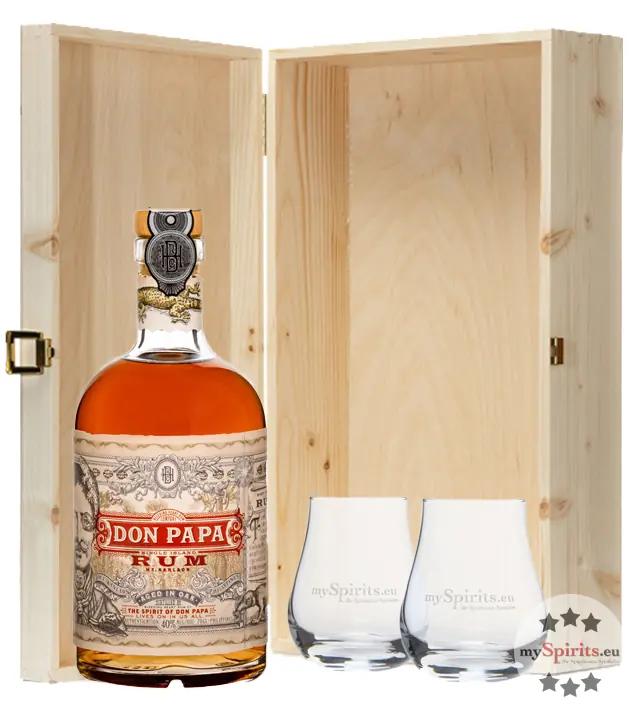 Geschenkbox Don Papa Rum (40 % Vol. / 0,7 l) mit zwei Nosing-Gläsern in Holzschatulle