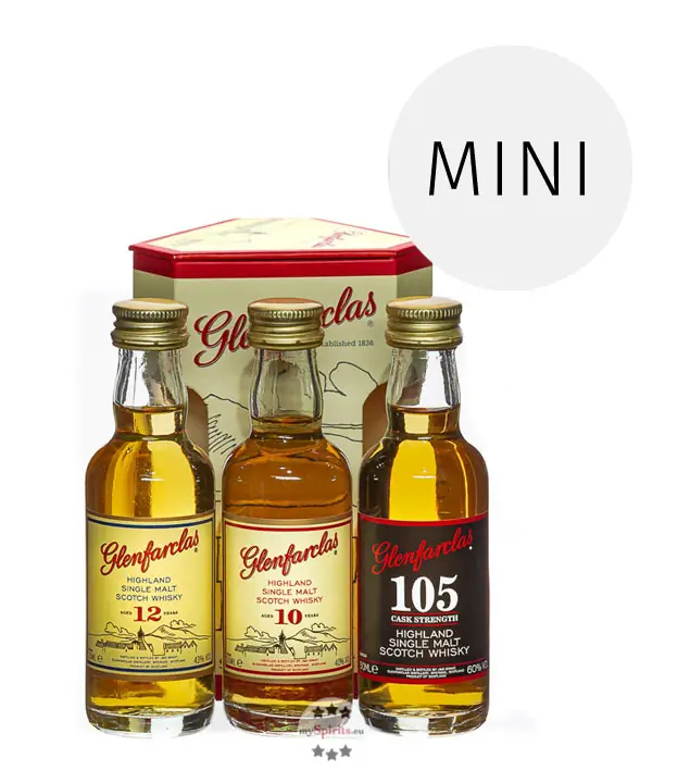 Glenfarclas Miniaturenset 10 YO, 12 YO, 105° Probierset / 40 – 60 % Vol. / 3 x 0,05 Liter-Flasche in Box