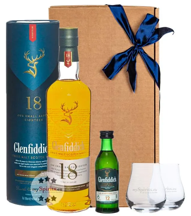 Geschenk-Set: Glenfiddich 18 Whisky (40 % Vol. / 0,7 L) + Glenfiddich 12 Whisky Mini (40 % Vol. / 0,05 L) + 2 x mySpirits Nosingglas in Geschenkbox