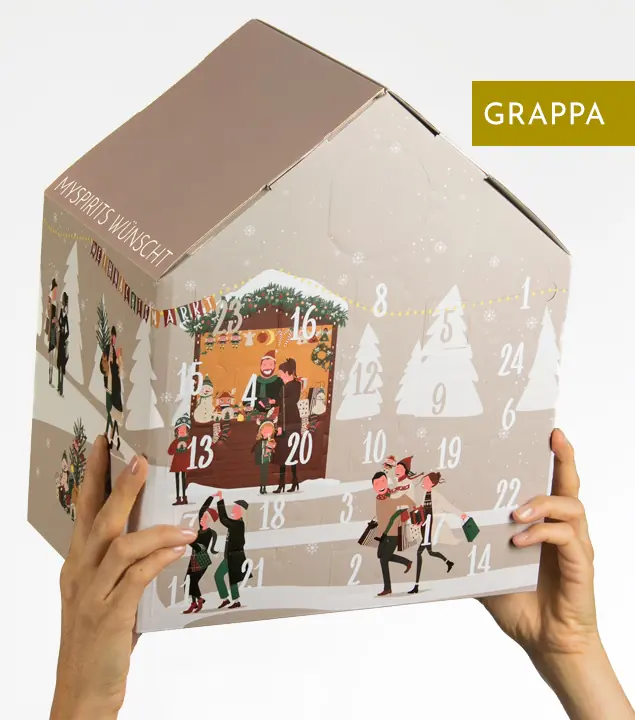 mySpirits Grappa Adventskalender 2022 Xmas Edition / 38-50 % Vol. / 24 x 0,02l mit Glas