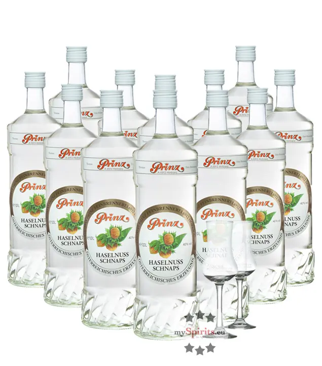 12 x Prinz Haselnuss-Schnaps / 40 % Vol. / 12 x 1,0 Liter-Flasche + 2 x gratis mySpirits-Schnapskelch