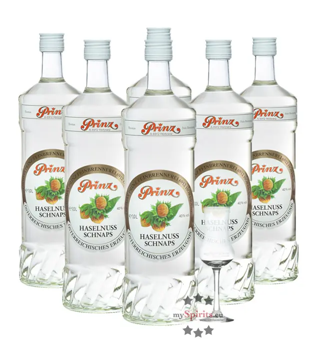 Prinz: Haselnuss-Schnaps Kombi / 40 % Vol. / 6 x 1,0 Liter-Flaschen + 1 x mySpirits-Schnapskelch