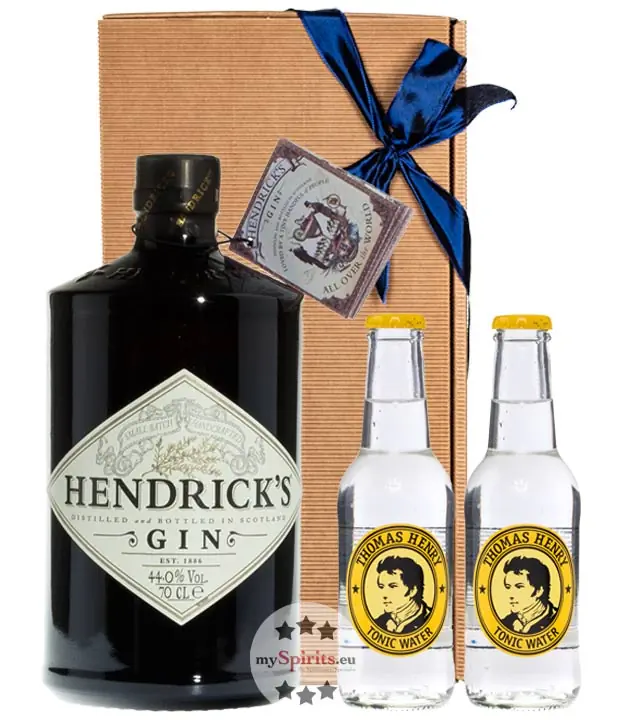 Geschenk-Set: Hendrick’s Gin (44 % Vol. / 0,7 L) + 2 x Thomas Henry Indian Tonic (0,2 L inkl. 0,30€ Pfand) in Geschenkbox