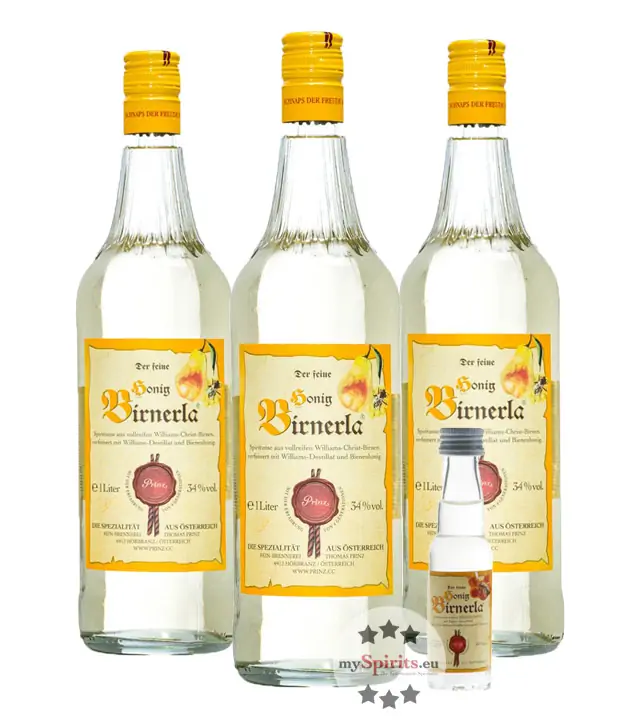 Prinz: Honig Birnerla / 34 % Vol. / 3 x 1,0 Liter-Flasche + 0,02 Liter Miniatur