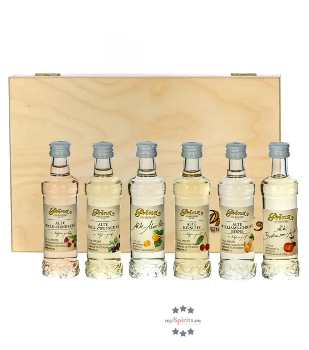 Prinz Probierset „Alte Sorten“ Miniaturen Geschenk-Set / 41 % Vol / 6 x 0,04 Liter in kleiner Holzkiste 