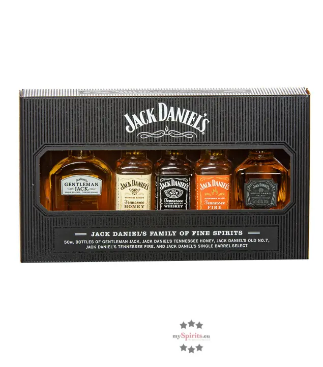 Jack Daniel's „Family of Fine Spirits“ Whiskey-Miniaturen-Probierset / 35 – 45 % vol / 5 x 0,05 Liter in Box