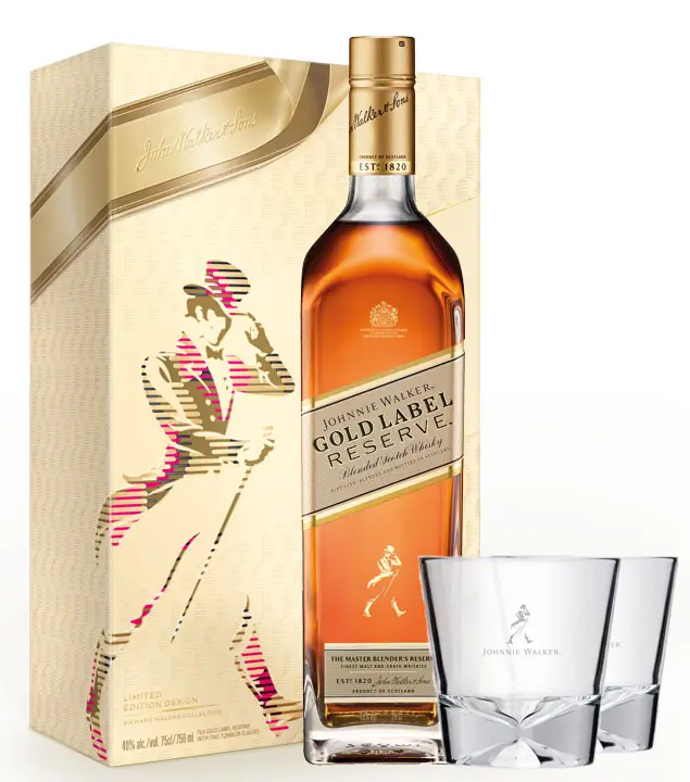 Johnnie Walker Gold Label Geschenkset / 40 % Vol. / 0,7 Liter-Flasche + 2 Johnnie Walker-Gläser