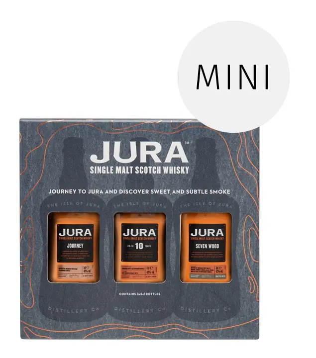 Jura Whisky Probierset Journey, Seven Wood, 10 Jahre / 40 &ndash; 42 % Vol. / 3 x 0,05 Liter-Flasche in Deko-Box
