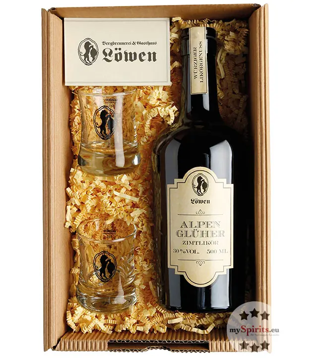 Bergbrennerei Löwen Geschenk-Set Almglüherbox Duo / 30 % Vol. / 0,5 L Flasche