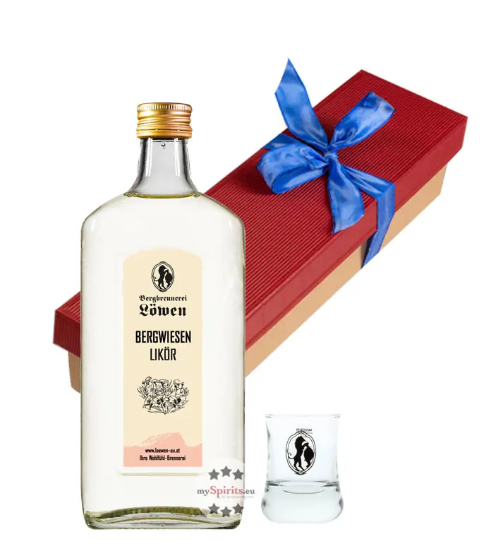 Bergbrennerei Löwen Geschenk-Set Berg-Wiesenlikör mit Löwen Stamperl in Geschenk-Schachtel