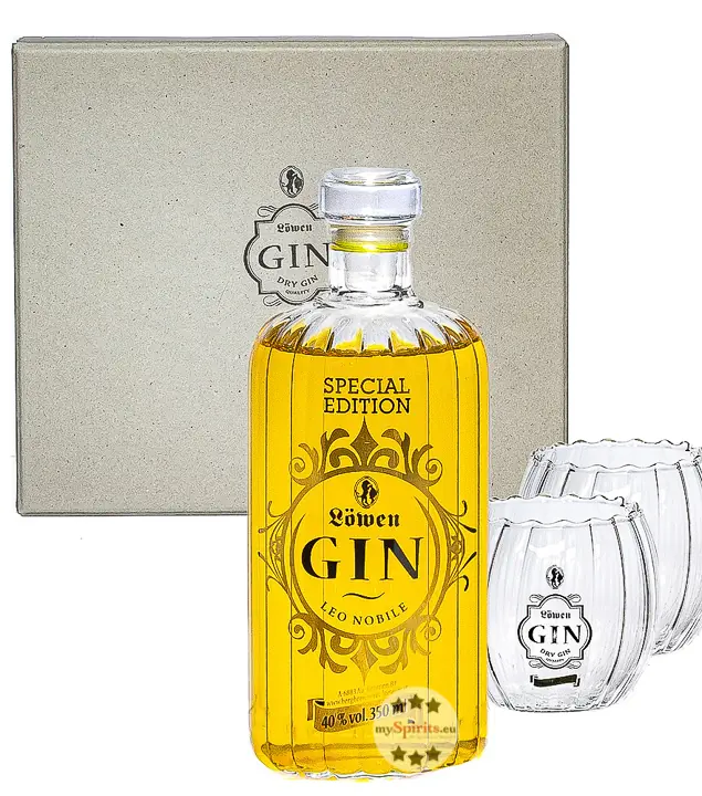 Löwen: Geschenkset Leo Nobile Gin mit 2 Gläsern / 40 % Vol. / 0,35 Liter-Flasche in Geschenkbox