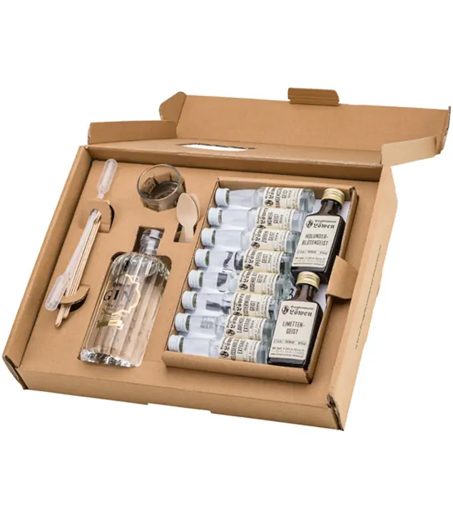 Löwen: Gin Tasting Box mit Dry Gin und Essenzen & Destillaten / 40 % Vol. / 1 x 0,35 l + 2 x 0,04 l & 8 x 0,02 l in Box