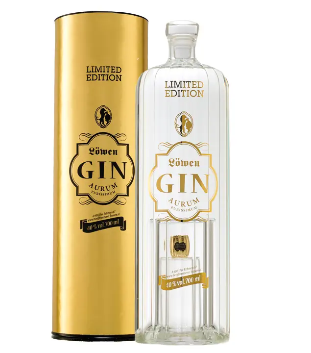 Löwen Gin Gold Aurum Purissimum: Gin mit Gold Limited Edition / 40 % Vol. / 0,7 Liter-Flasche in Geschenkdose