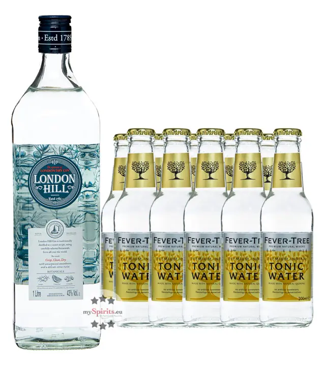 London Hill Dry Gin (43 % Vol. / 1,0 Liter) + 10 x Fever-Tree Indian Tonic (0,2 L) inkl. 2,50 € Pfand