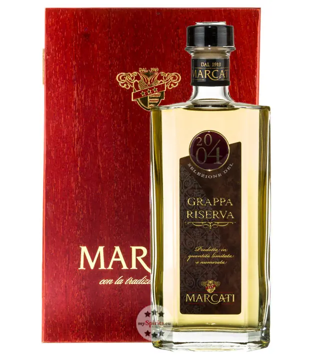 Marcati Grappa Riserva Jahrgang 2004 / 40 % Vol. / 0,5 Liter-Flasche in Holzkiste 