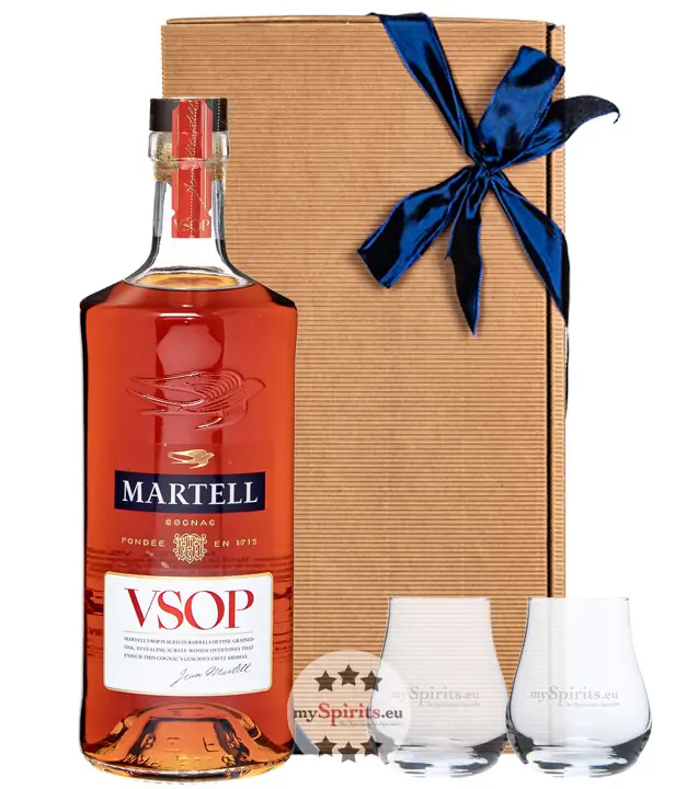Geschenk-Set: Martell VSOP Cognac Aged in Red Barrels (40 % Vol. / 0,7 L) + 2 x mySpirits kleines Nosingglas in Geschenkbox
