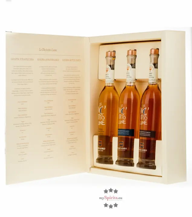 Marzadro Collezione Grappa Le Diciotto Lune Riserva / 41 & 42 % Vol. / 3 x 0,2 Liter-Flaschen in Geschenkbox