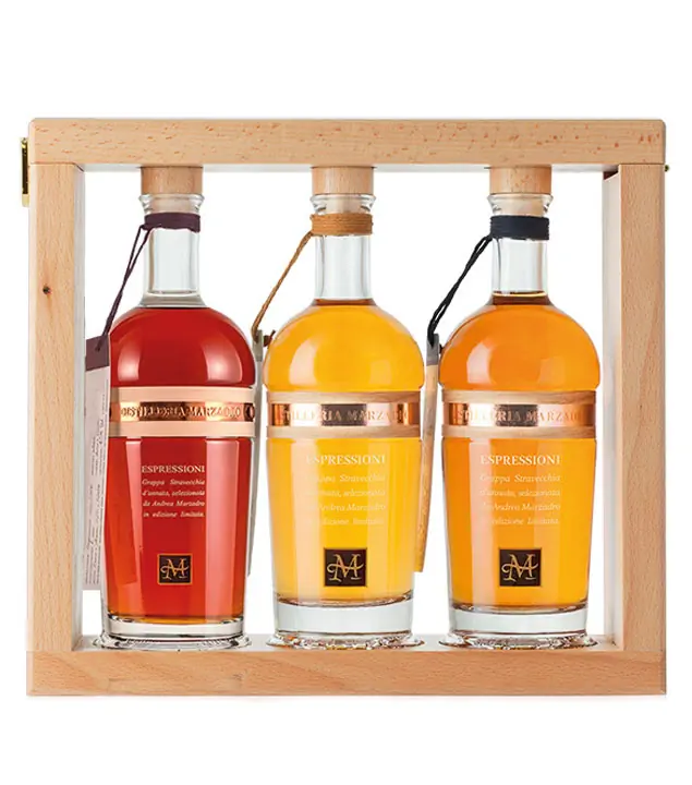 Marzadro Set Confezione Espressioni / 42 & 43 & 46 % Vol. / 3 x 0,35 Liter-Flaschen in Holzrahmen