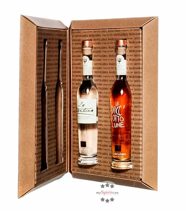 Marzadro Set "Libreria Marzadro E" Grappa Trentina Tradizionale & Diciotto Lune / 41 % Vol. / 2 x 0,2 Liter