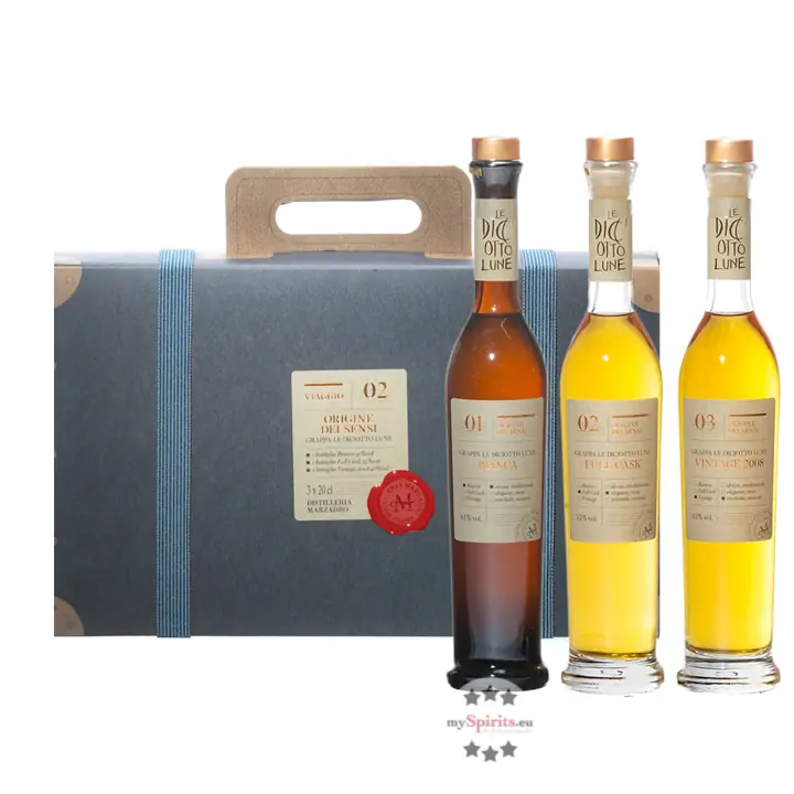 Marzadro Geschenk-Set Confezione Viaggio N. 2 Origine di Le Diciotto Lune / 41 & 55 % Vol. / 3 x 0,2 Liter-Flasche in Geschenkbox