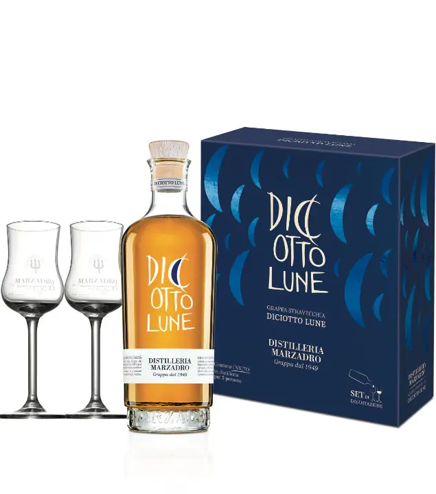 Marzadro Set "Insieme Lune" Grappa Diciotto Lune + 2 Kelche / 41 % Vol. / 0,5 Liter-Flasche