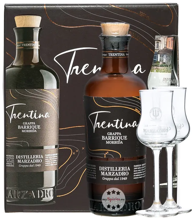 Marzadro Set "Insieme Morbida" La Trentina Morbida + 2 Kelche / 41 % Vol. / 0,5 Liter-Flasche
