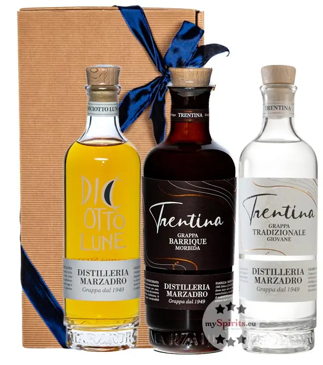 Marzadro Geschenk-Set Grappa La Trentina Tradizionale & Barrique + Grappa Stravecchia Le Diciotto Lune, je 41 % vol. / 3 x 0,2 l in Geschenk-Schachtel