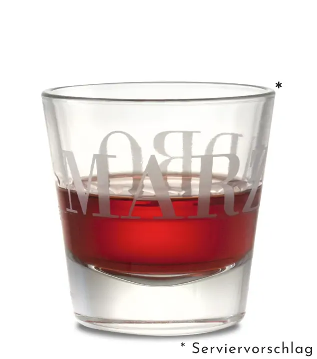 Marzadro: Likör-Glas / 2 cl & 4 cl Eichstrich / Ø ca. 7 cm / H: ca. 6 cm