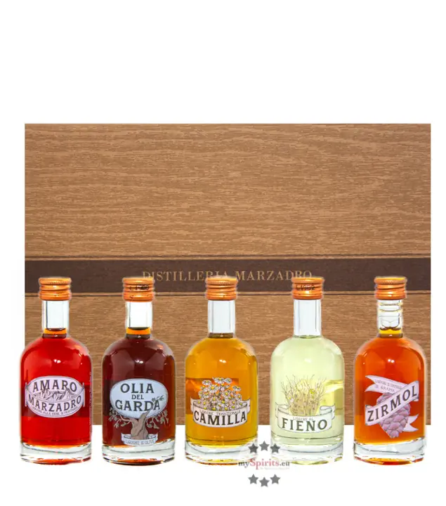 Marzadro Probierset Collezione Infusioni mit 5 Lik&ouml;ren /  30 & 35 & 40 % Vol. / 5 x 0,05 Liter-Flasche in Geschenkbox