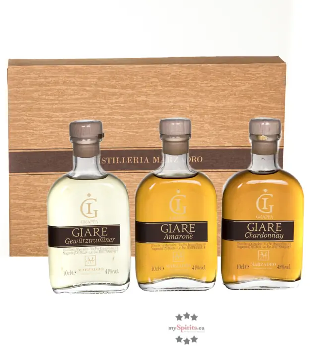 Marzadro Grappa Set Degustazione Grappa Giare / 41 & 45 % Vol. / 3 x 0,1 Liter-Flaschen