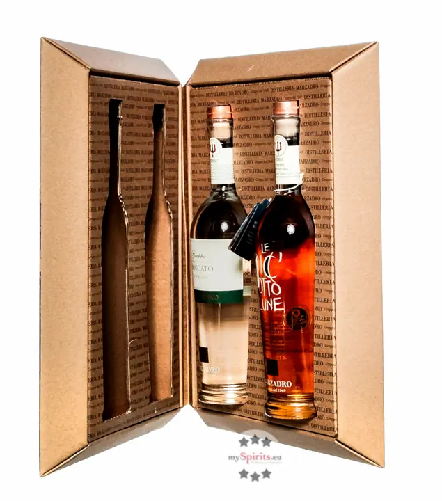 Marzadro Set "Libreria D" Grappa Moscato & Diciotto Lune / 41 % Vol. / 2 x 0,5 Liter-Flasche