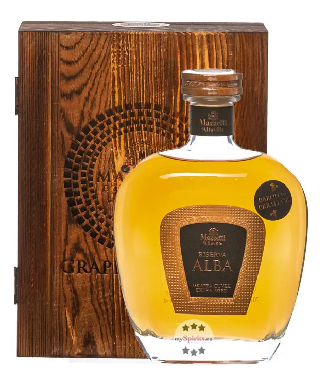 Mazzetti d’Altavilla Riserva Alba Grappa Cuvée / 43 % Vol. / 0,7 Liter-Flasche in Holzschatulle