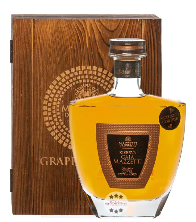 Mazzetti d’Altavilla Gaia Grappa Riserva Cuvée / 43 % Vol. / 0,7 Liter-Flasche in Holzkassette