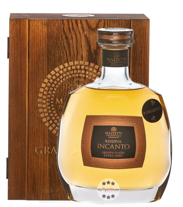 Mazzetti d’Altavilla Riserva Incanto Grappa Cuvée / 43 % Vol. / 0,7 Liter-Flasche in Holzschatulle