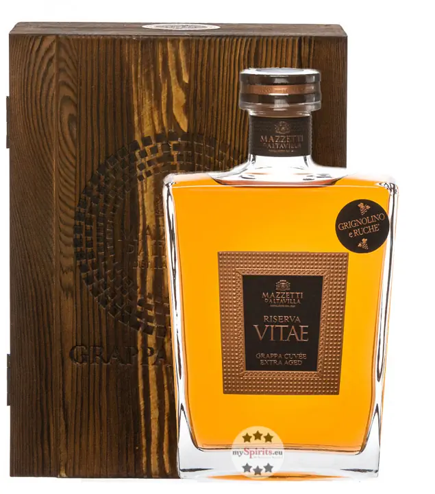 Mazzetti d’Altavilla Riserva Vitae Grappa Cuvée / 43 % Vol. / 0,7 Liter-Flasche in Holzkiste