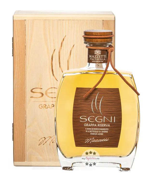 Mazzetti d’Altavilla Segni Grappa Riserva / 43 % Vol. / 0,7 Liter-Flasche in Holzkiste