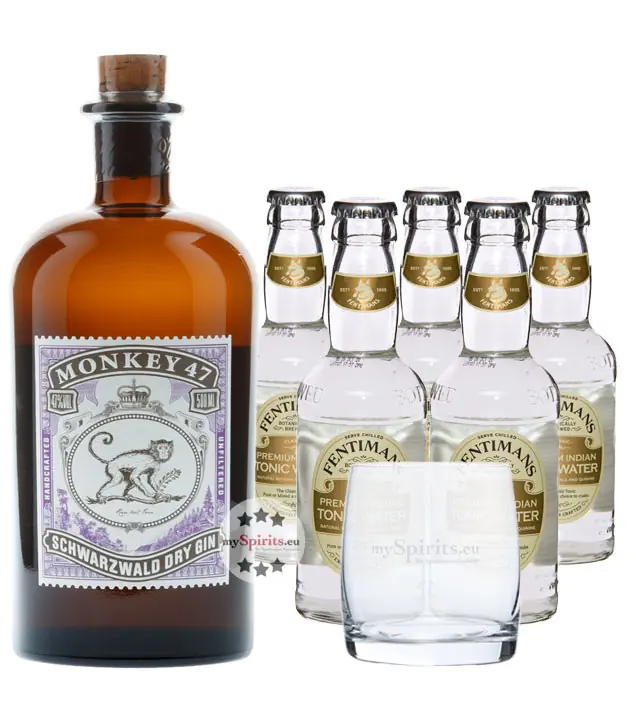Monkey 47 Dry Gin (47% Vol., 0,5 L) & 5 x Fentimans Tonic Water (0,2 L) + 1 Tumbler inkl. 1,25€ Pfand