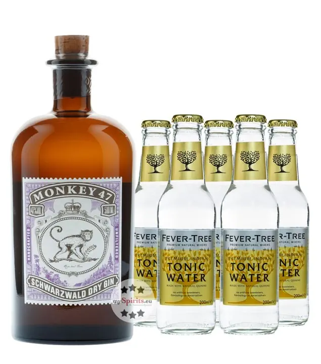 Monkey 47 Dry Gin (47 % vol. / 0,5 Liter) & 5 x Fever-Tree Indian Tonic Water (0,2 Liter) inkl. 0,75 € Pfand