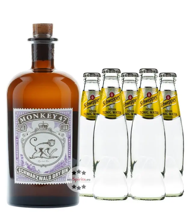 Monkey 47 Dry Gin (47% Vol., 0,5 L) & 5 x Schweppes Indian Tonic Water (0,2 L) inkl. 0,50 € Pfand